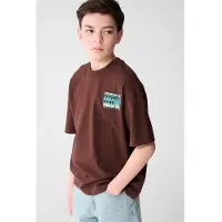 Shoeby T-shirt met backprint bruin Jongens Katoen Ronde hals Backprint - maat 98/104