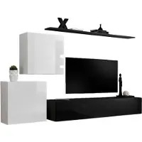 Meublorama Wandcompositie SWITCH V – Glanzend zwart en wit – Tv-meubel, zwevende blokken en planken – Modern ontwerp