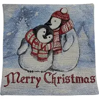 Emme Kussenhoes - Gobelinstof - Penguin - Penguins - Merry Christmas - Kerst - Winter - 45 cm - zilver glitterdraad