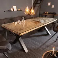 Riess Massief houten eettafel BARRACUDA 220cm naturel teakhout incl. glazen blad zwart metalen poten X-frame - 39699