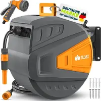 Tillvex Slanghaspel Water Antraciet/Oranje 30m met Wandbevestiging & Transportgreep | Slangoproller met Handdouche en Tuinslang | 180° Zwenkbaar | Wand-Slangbox met Oprol-Automatiek