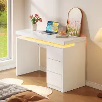 MODFU bureau / kantoorbureau met 3 lades, vergroot werkblad, computerbureau met verstelbare LED-verlichting, geschikt voor thuiswerken, wit