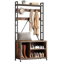 Happiq Hall Tree Entreebank - Voor Hal en Slaapkamer - Industrieel / Met Kapstok en 8 Haken - Met Wandplank en Schoenenopslag - Bruin