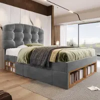 OKWISH Gestoffeerd Bed 90x200 cm - Verstelbaar Hoofdbord - Met Laden en Opbergvakken - Fluweel - Zonder Matras - Grijs