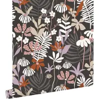 ESTAhome behang tropische bladeren en bloemen grijs en meerkleurig - 50 x 900 cm - 131001
