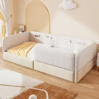 Sweiko Kinderbed - 90 x 200 cm - Gestoffeerd bed - met veiligheidshek - Wit + Beige