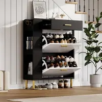 STILVORA Schoenenkast - Smal Met 2 Kleppen, Lade En Open Vakken - Voor Hal En Entree - MDF En Spaanplaat - 80x24x105 Cm