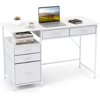 Costway Computerbureau, 120 x 50 cm, bureau voor thuiswerkplek met plank, stoffen lades en metalen frame, gaming bureau voor kleine ruimtes, PC-bureau, wit