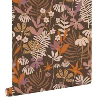 ESTAhome behang tropische bladeren en bloemen bruin, paars en meerkleurig - 50 x 900 cm - 130998