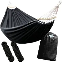 HomeShopXL HSXL Dubbele Hangmat Zwart met Spreidstok en Touwen - 1 of 2 Persoons - Lig Oppervlak 190x150cm - Lengte 260cm