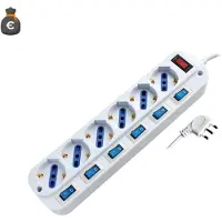 Alcapower stekkerdoos met 6 stopcontacten, Schuko/Bipasso, individuele schakelaars, 1,5 meter kabel, 3500W, 16A, Italiaanse stekker met 90 graden hoek.