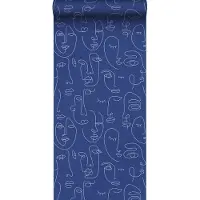 ESTAhome behang line art gezichten kobaltblauw - 50 x 900 cm - 139434