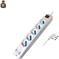 Alcapower stekkerdoos met 5 Schuko/Bipasso stopcontacten, 3500W, 2 USB-poorten (2.1A), 1,5 meter kabel, 90° haakse stekker, geschikt voor kantoor en huis, hoge kwaliteit.