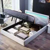MODFU Gepolsterd bed 140x200 cm – Hoog LED-hoofdeinde – Hydraulische opbergruimte – PU wit