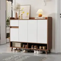 Sweiko PHOEBE CAT Schoenenkast - Halmeubel - 4 deuren - met lades - Verstelbare planken - 120 x 35 x 99 cm - Wit + Naturel