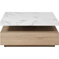 Vente-unique Draaiende salontafel met 1 lade in MDF - Zwarte marmerlook en houtlook - KYRIA