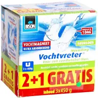 Bison Vochtvreter magneet 450g 2+1 gratis - Parfumvrije navulling voor Vochtvreter apparaat, 3x 450 g, bestrijd hoge luchtvochtigheid in woonruimtes, ook geschikt voor caravans en campers