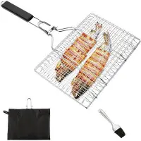 OEM Roestvrijstalen grillhouder voor buitenbarbecues, grillrooster met haak en siliconenborstel, inklapbare grilltafel van 35 x 22 cm