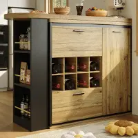 OKWISH Uitschuifbare eettafel voor de woonkamer, met lades en een wijnrek, uitschuifbaar tot 220 cm, bijzettafel met open planken en een houtmotief, van hout