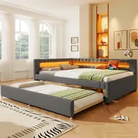 Merax Slaapbank 140x200 cm - met LED-verlichting - met uitschuifbaar bed - met USB en TYPE-C - zonder matras - grijs