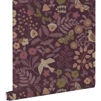 ESTAhome behang bloemen en vogels aubergine paars - 50 x 900 cm - 131639