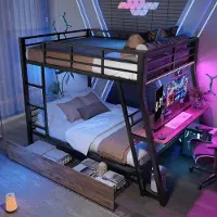Sweiko Stapelbed - 140 x 200 cm - IJzeren bedframe - LED-lichtstrip - 2 lades - Met bureau - Zwart