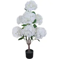 Happiq Kunstmatige hortensia boom (90 cm) - Voor binnen, buiten & kantoor - Onderhoudsvrije woondecoratie met witte bloemen en bladeren - Kunststof textiel, wit