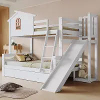 MODFU Kinderstapelbed 90x200 cm – Met uniek raam, glijbaan, 4-traps ladder & 2 lades – Wit