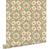 ESTAhome behang vintage bloemen groen en terracotta - 50 x 900 cm - 131504
