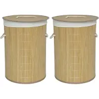 Gerimport Wasmand van bamboe Irka - 2x - 48 liter - D35 x 50 cm - met deksel / binnenvoering - opvouwbaar