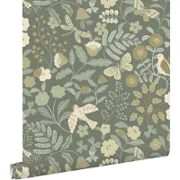 ESTAhome behang bloemen en vogels vergrijsd groen - 50 x 900 cm - 131465