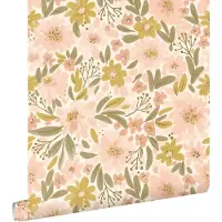 ESTAhome behang bloemen zacht roze, okergeel en vergrijsd groen - 50 x 900 cm - 130924