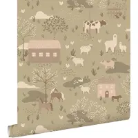 ESTAhome behang boerderij dieren vergrijsd groen - 50 x 900 cm - 131736