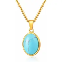Mendes Goudkleurige Heren Ketting met Ovale Lichtblauwe Edelsteen Hanger
