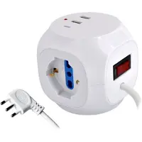 Alcapower stekkerdoos: 3 Schuko-aansluitingen, 2 USB-A poorten, 1 USB-C PD poort, 3500W, 1,5 meter kabel, verlichte schakelaar, compact ontwerp, zwart.