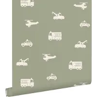 ESTAhome behang auto's, brandweerauto's, helikopters en kranen vergrijsd groen - 50 x 900 cm - 131454