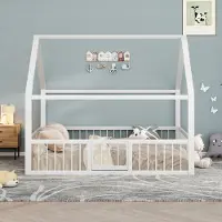 Merax Hemelbed 140 x 200 cm - kinderbed - huisdecoratieve lijnen - met reling - wit - zonder matras