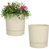 Mica Decorations Bloempot Coco - 2x - met onderschaal - beige - H24 x D23 cm - kunststof - buiten