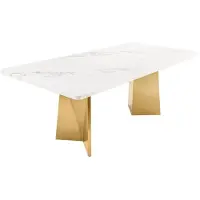 Meublorama Eettafel OREA - Rechthoekig - Wit en goud marmer - Metalen poten - Chique en moderne stijl