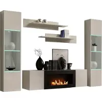 Meublorama Wandcompositie FLY kasjmier met gedeeltelijk glazen vitrines, bio-ethanol haard en LED