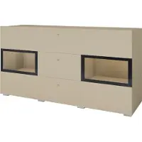 Meublorama Buffet RAMOS 130 cm – Lichtbeige – Geïntegreerde multicolor LED – 2 glazen deuren en 3 laden