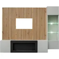 Meublorama Composition murale IXAR – Tv-meubel, hangende vitrinekast, wandpanelen en bio-ethanol haard
