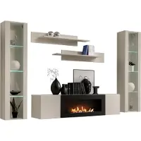 Meublorama Wandcompositie FLY kasjmier met glazen vitrines, bio-ethanol haard en LED