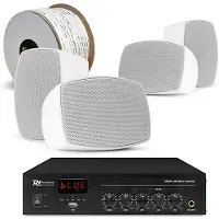 Power Dynamics complete buiten speaker set - 4x waterdichte mini speakers en 100V versterker - Wit