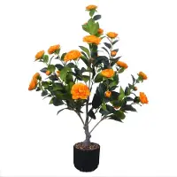 Happiq Camellia kunstplant (100 cm) - Voor thuis of kantoor decoratie - Realistisch, bloeiende boom met 28 bloemen, met planter - Kunstmatig - Oranje Flower