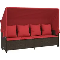 vidaXL Ligbed met luifel en kussens poly rattan bruin