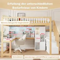 vidaXL Hoogslaper, 140x200cm, met ledverlichting, opbergladder, planken, opbergvakken, bureau, zonder matras, wit + naturel