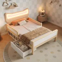 Sweiko Kinderbed - 90 × 200 cm - Kattenoren hoofdbord - LED-verlichting - Met lades - Opbergruimte - Wit + Naturel