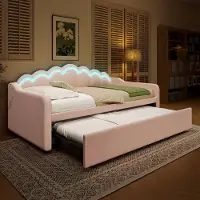 Sweiko Slaapbank - 90x200 cm (180x200 cm) met uitschuifbaar bed - Velvet - LED-strip - Zonder matras - Roze