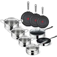 Tefal Jamie Oliver Complete pannenset, 9-delig, inclusief: braadpannen 20/24/28 cm, wokpan 28 cm, braadpan met deksel, en een roestvrijstalen kookpan set, geschikt voor inductie